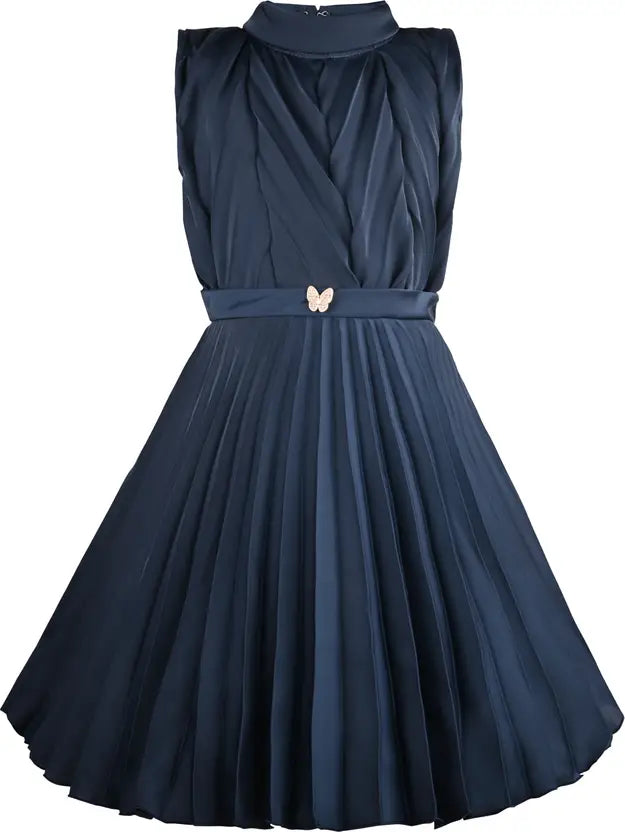 Girls Satin Solid Pleated Casual Dress