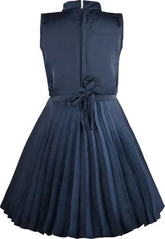 Girls Satin Solid Pleated Casual Dress