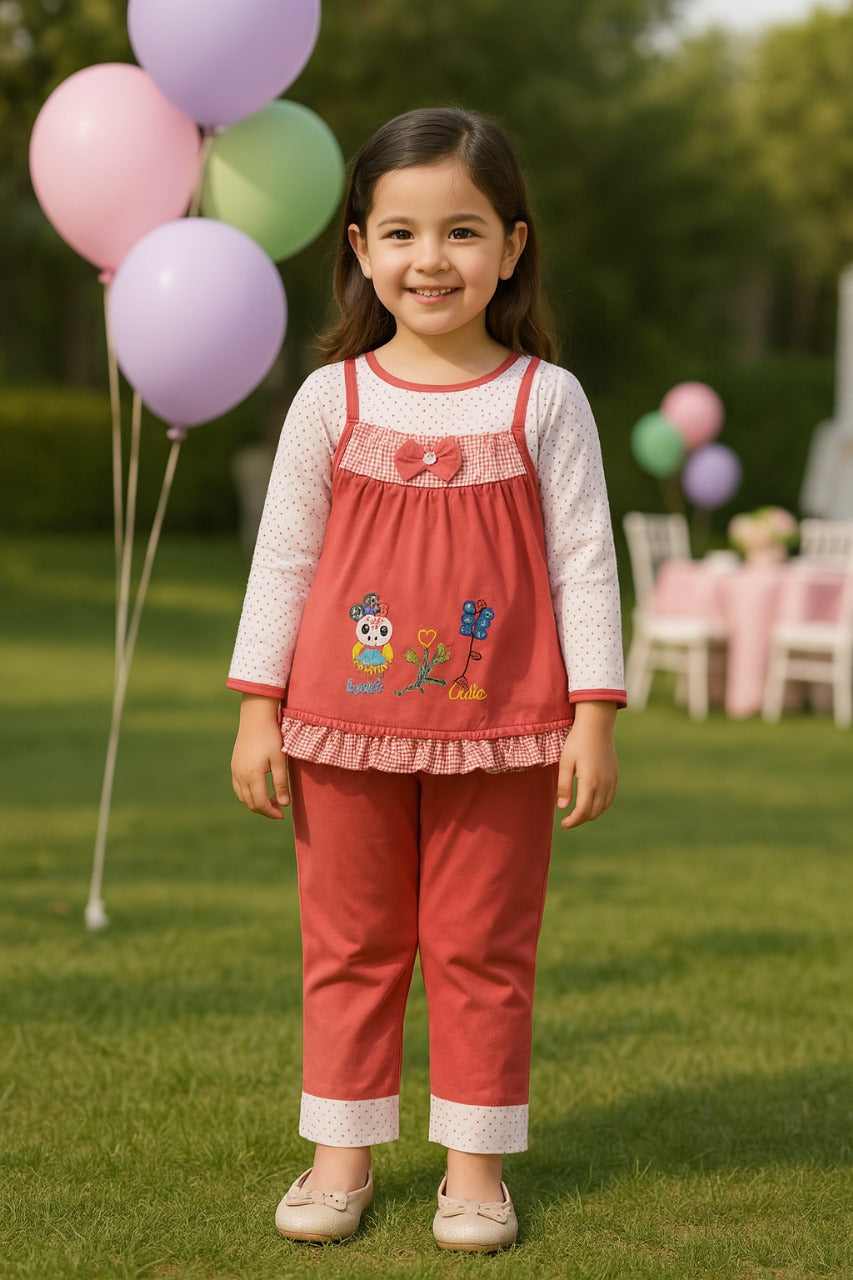 Girls Polka And Applique Print Top And Pant Full Sleeve Clothing Se