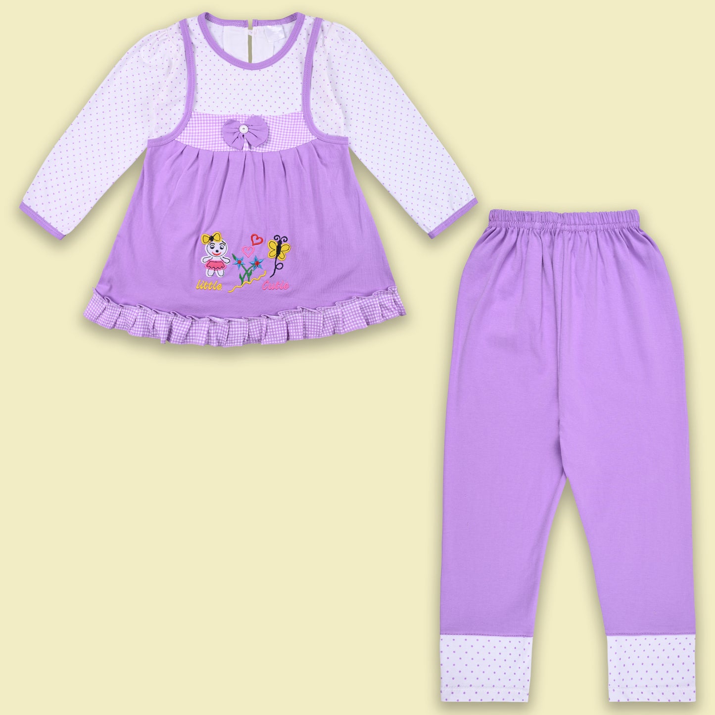Girls Polka And Applique Print Top And Pant Full Sleeve Clothing Se