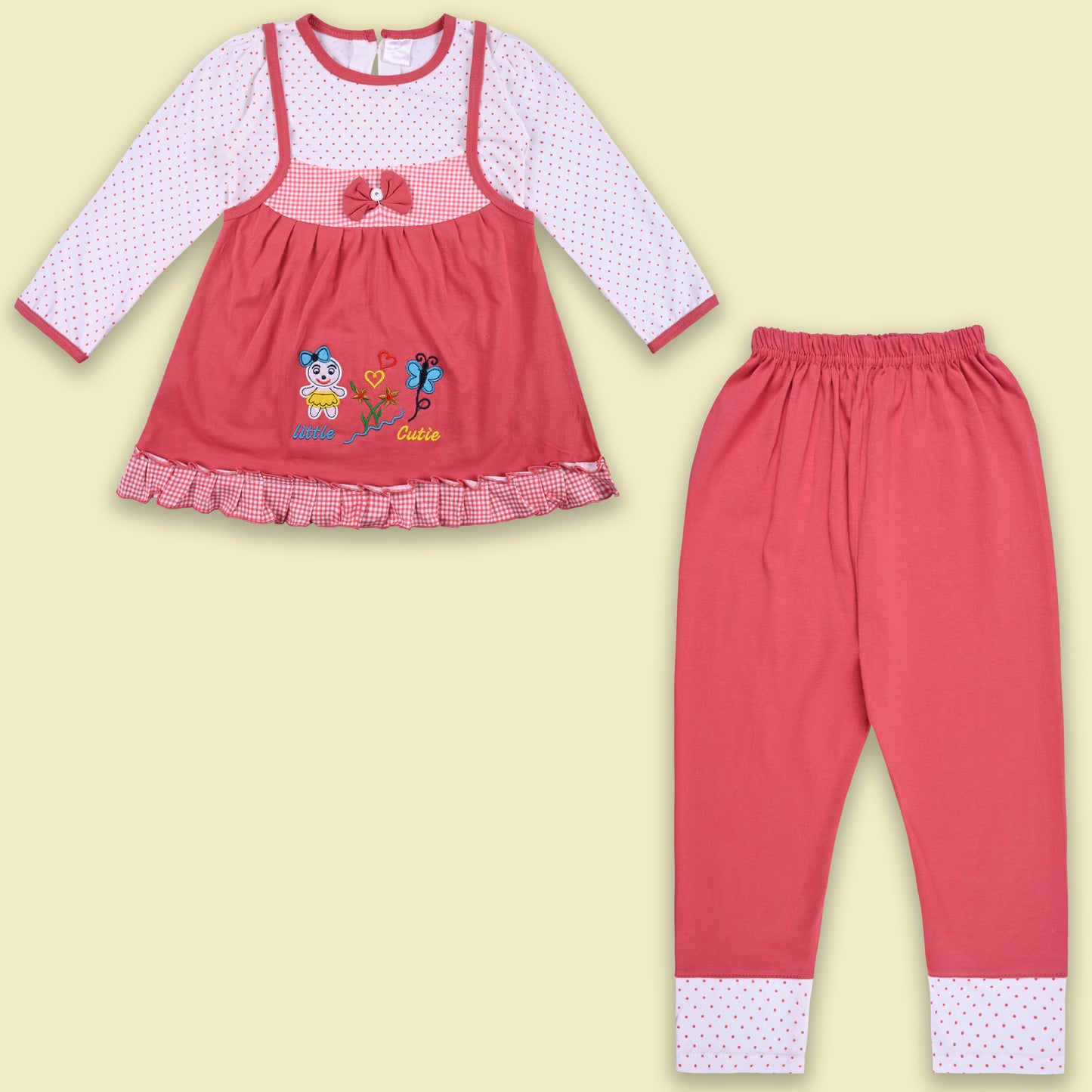 Girls Polka And Applique Print Top And Pant Full Sleeve Clothing Se