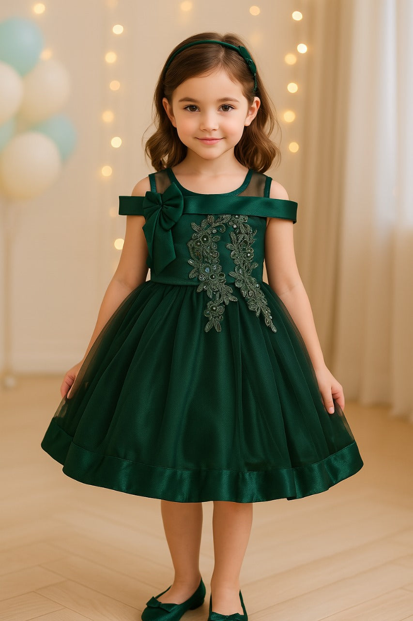 Green Embroidered Birthday Dress for Girls - Satin - (bxa232grn)