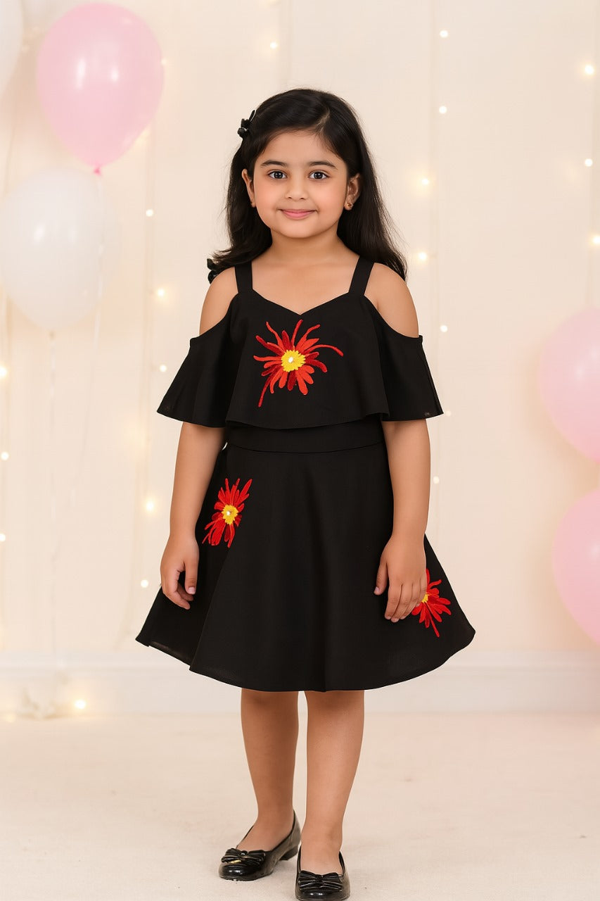 Girls Solid Printed Strap Neck dress
