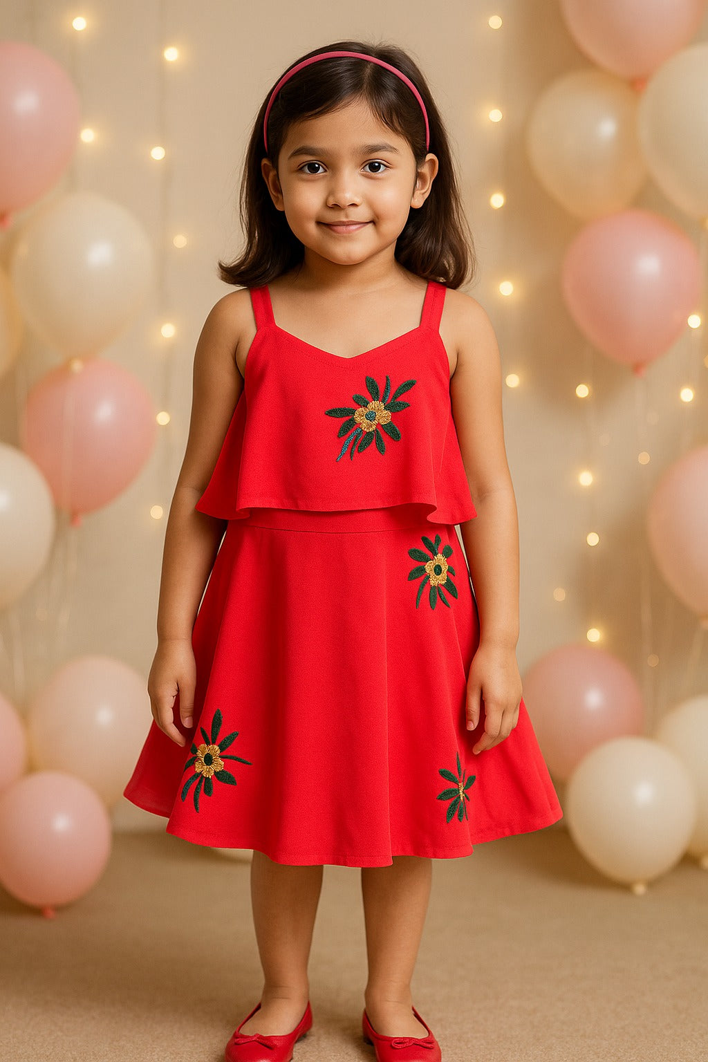 Girls Embroidered A-line Strap Neck dress