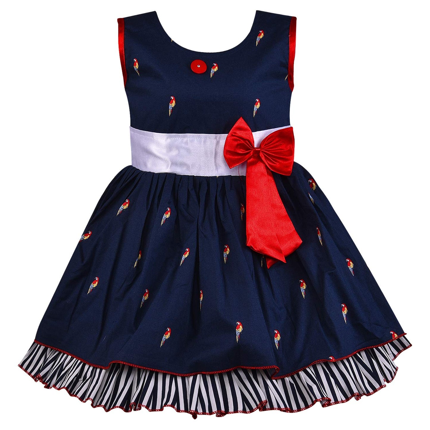 Girls Cotton Printed Bow Flared Dress