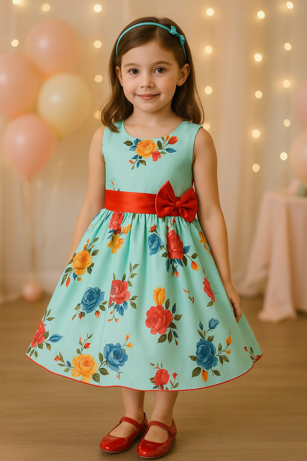 Blue Floral Printed Bow Dress