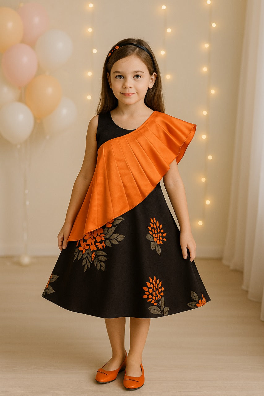 Orange Pleated A-Line Dress