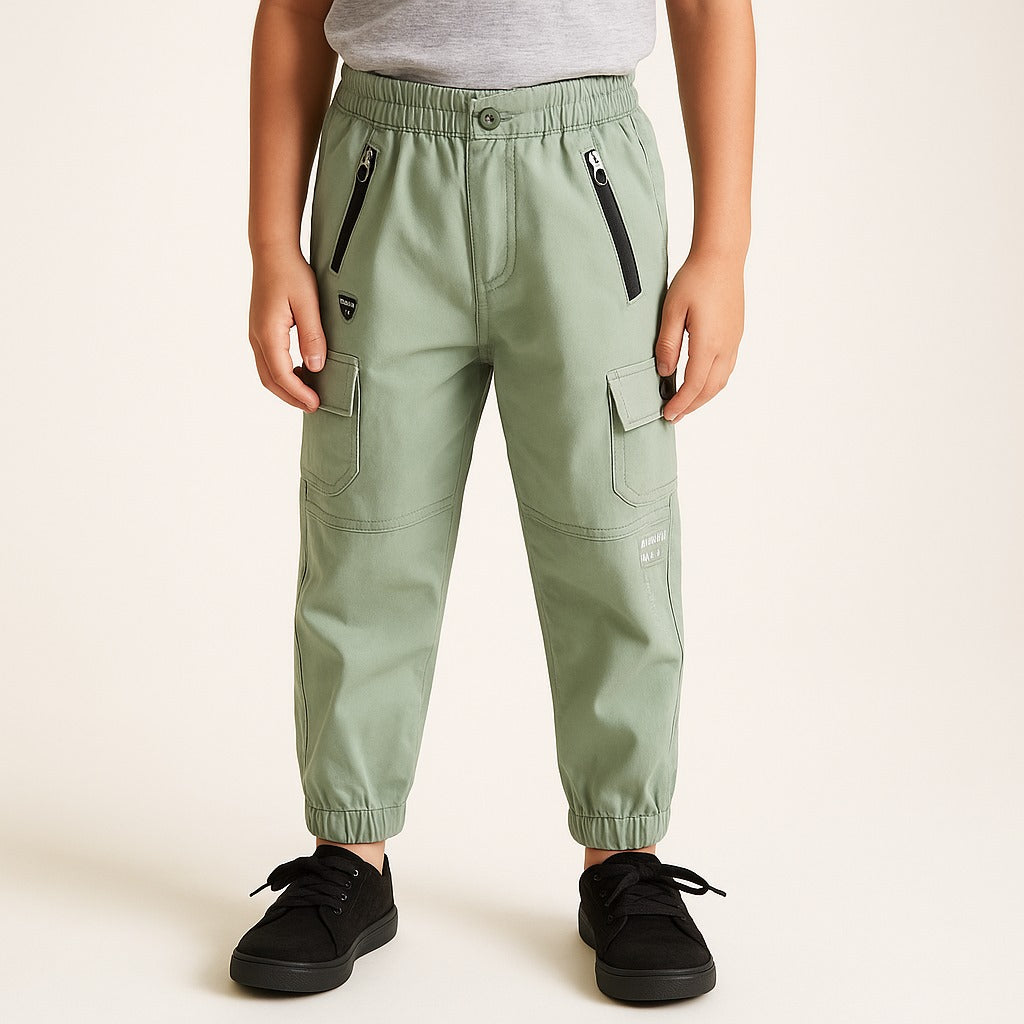 Boys Zipper Detail Elastic Waist Cotton Cargo Trouser
