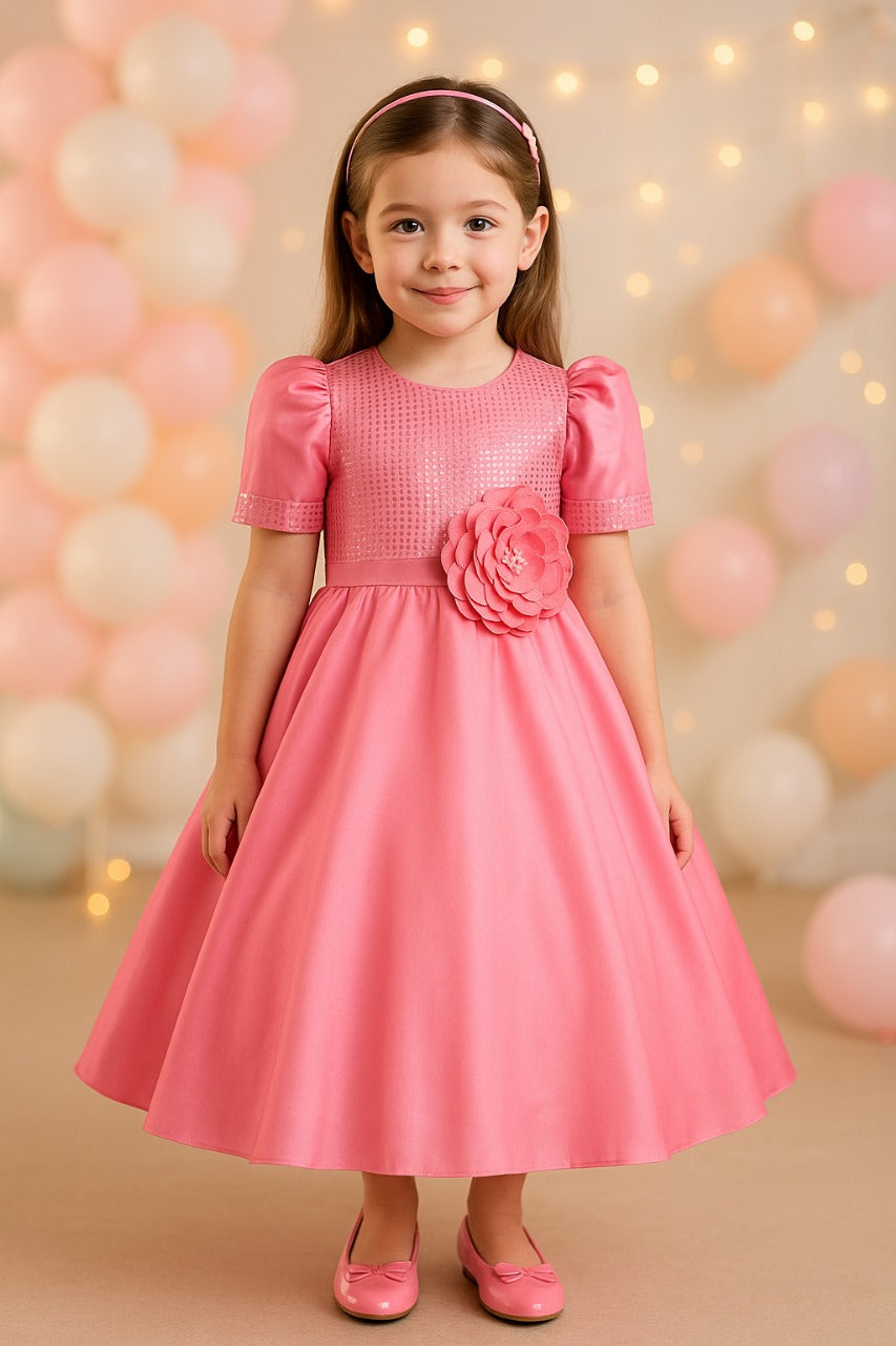 Girls Sequin Embellished Floral Full Length Party Dress