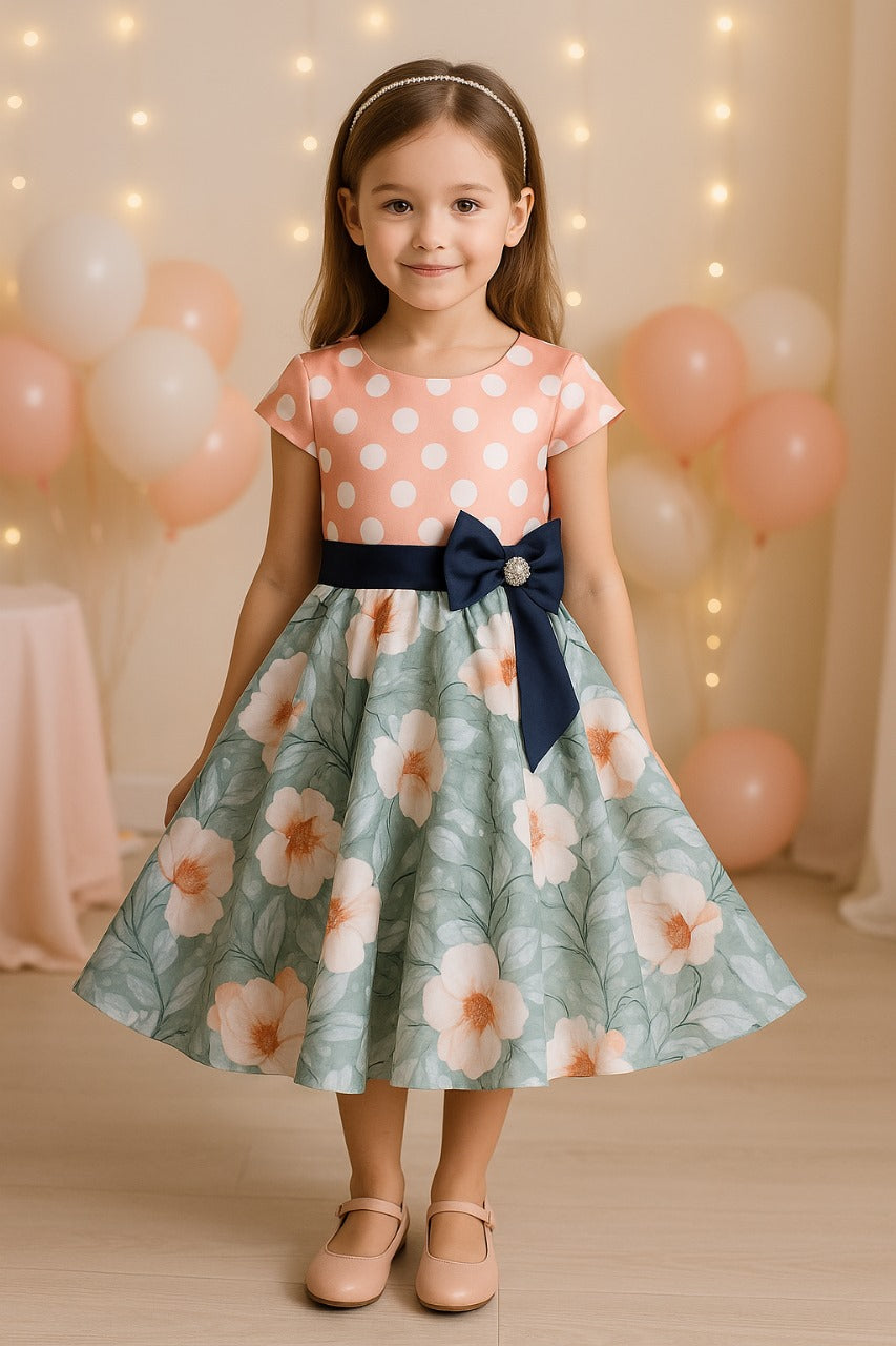 Girls Polka Dots Printed Bow Fit and Flare Dress