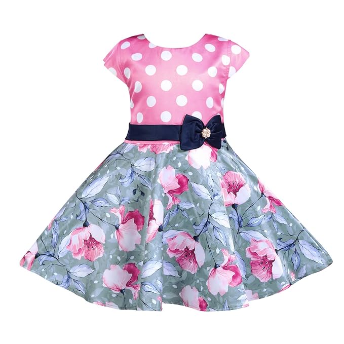 Girls Polka Dots Printed Bow Fit and Flare Dress