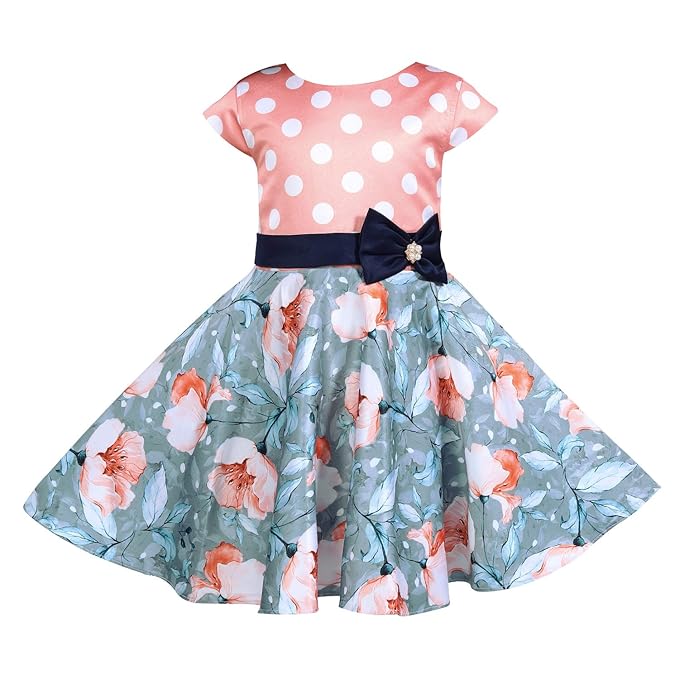 Girls Polka Dots Printed Bow Fit and Flare Dress
