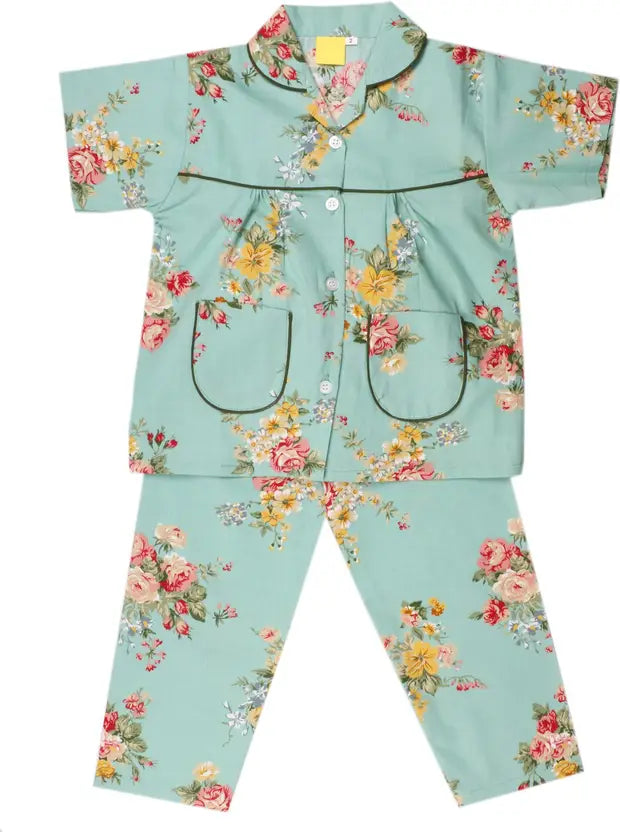 Girls Printed Cotton Blend Kids Nightwear  ND12grn