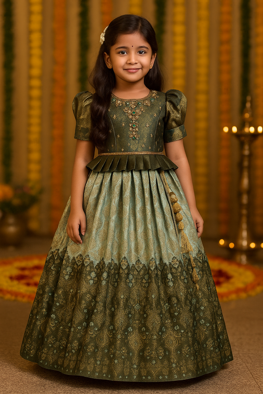 Girls Woven Design Pleated Ethnic Dress