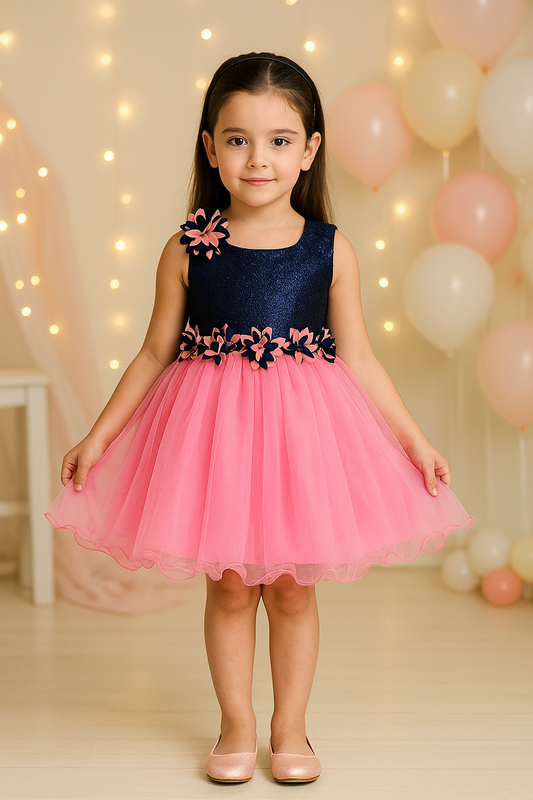 Girls Shimmery Floral Flared Net Party Dress