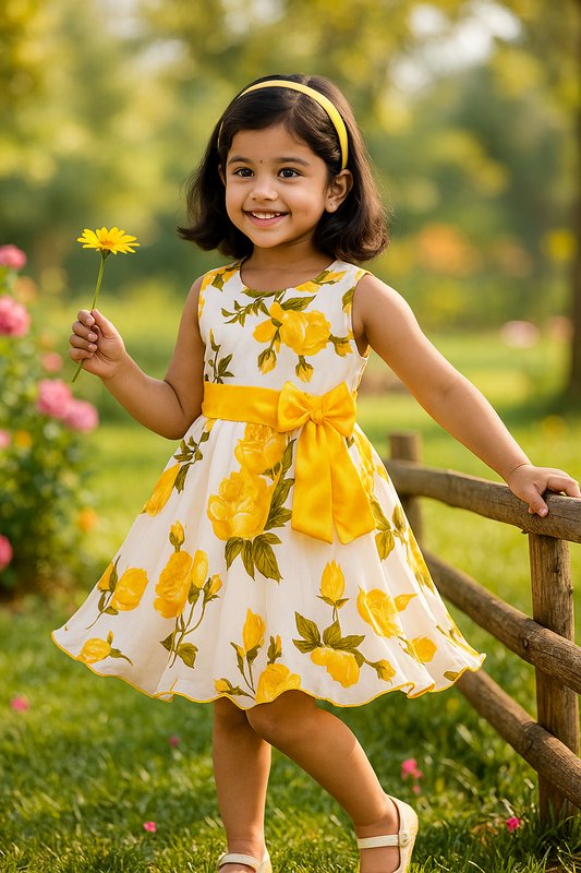 Yellow Floral Printed Bow Dress