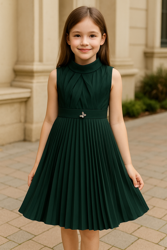 Girls Satin Solid Pleated Casual Dress