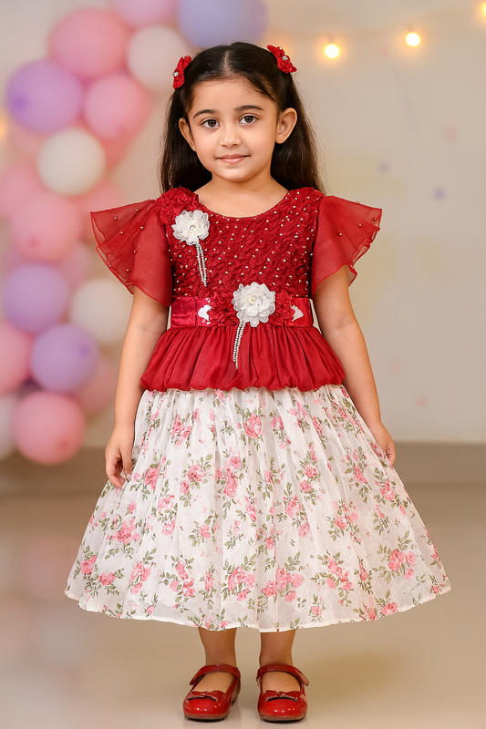 Girls Floral Print Flared Sleeve Fit and Flare Frock Dress