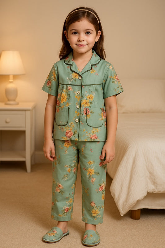 Girls Printed Cotton Blend Kids Nightwear  ND12grn