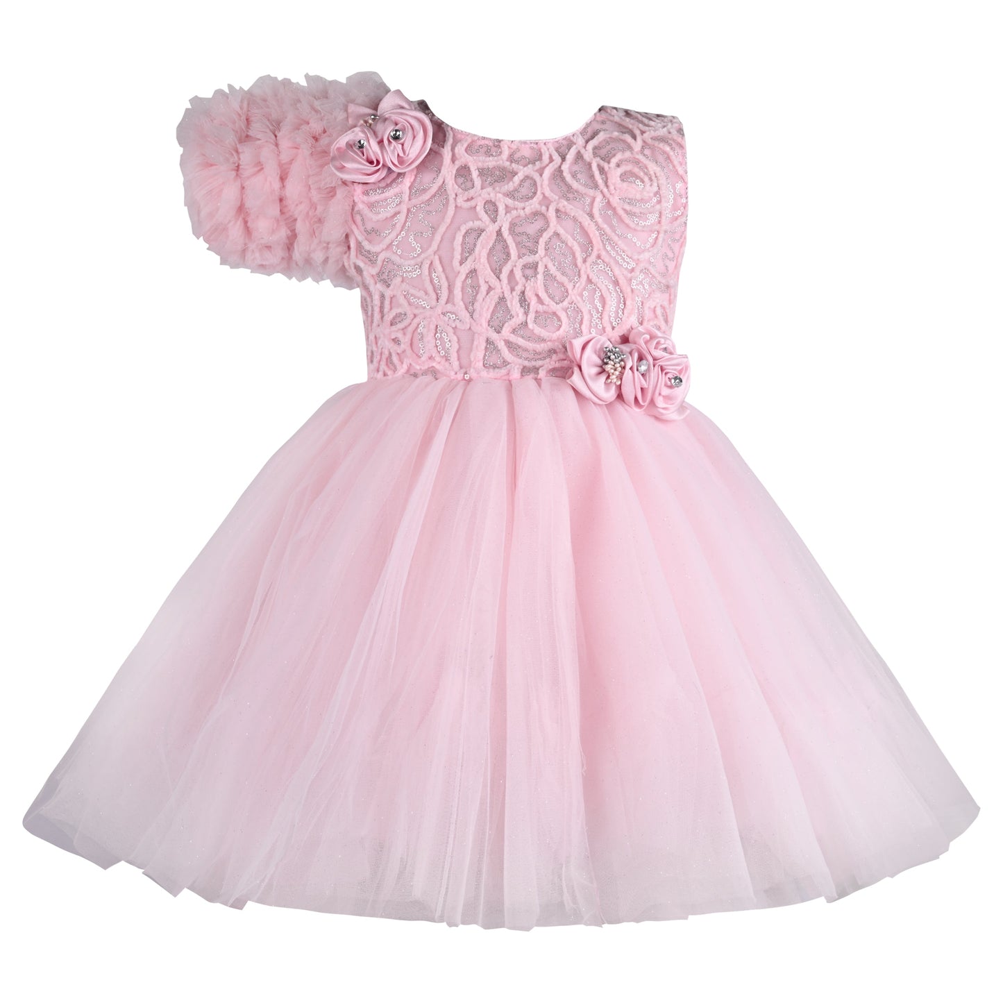 Girls Solid Net Fabric A-Line Frock Dress