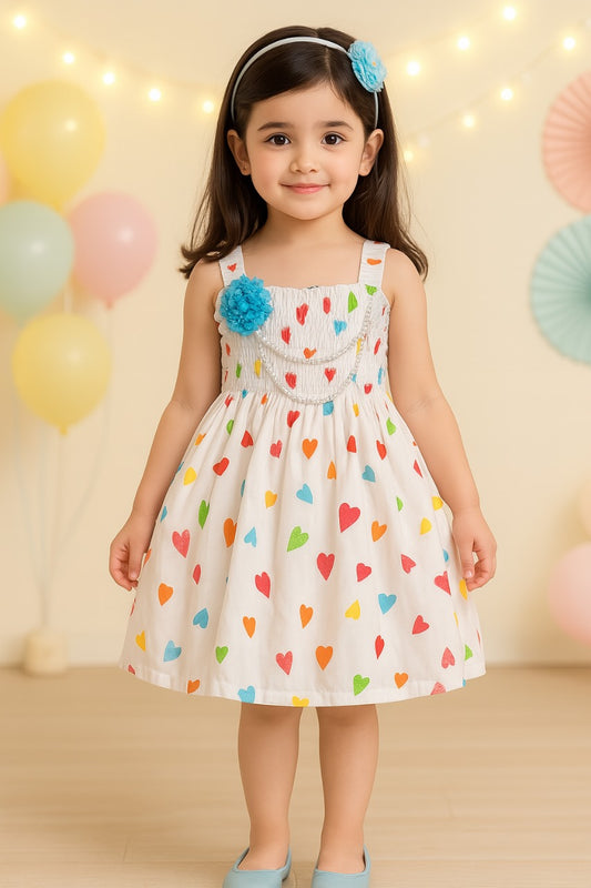 Girls Heart Print Smocking Casual Dress