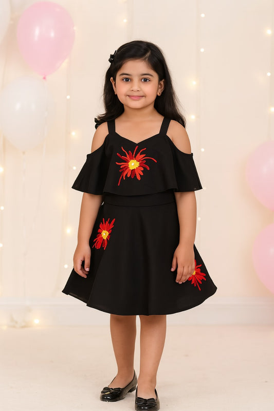 Girls Solid Printed Strap Neck dress