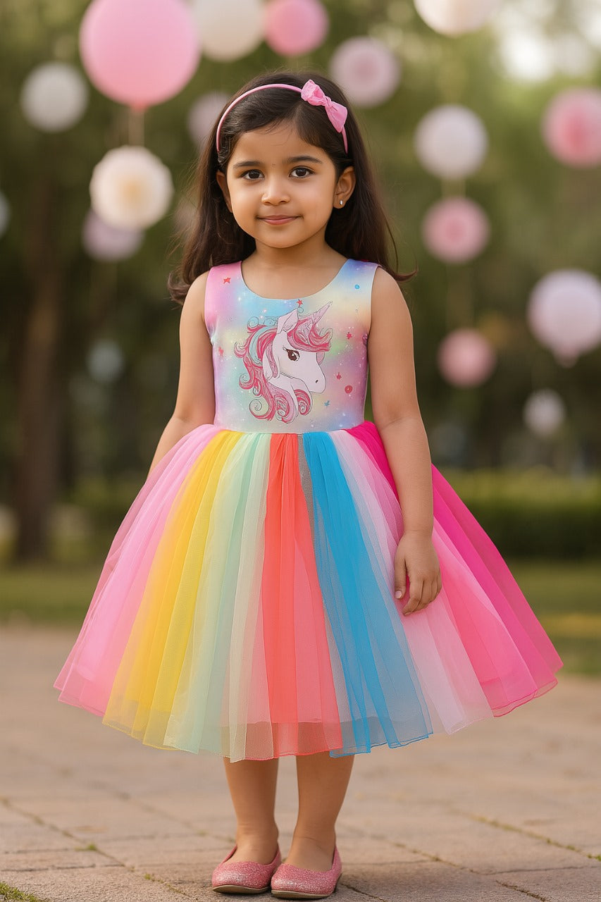 Girls Colorful unicorn flared dress