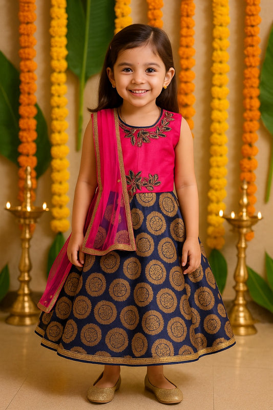 Pink and Navy Blue Ethnic Design Printed Dress