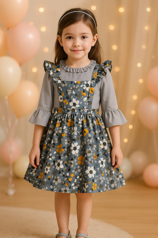 Grey Floral Printed Dungaree Dress