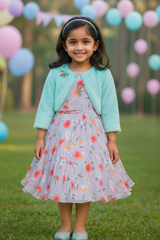 Grey Floral Printed Layered Dress
