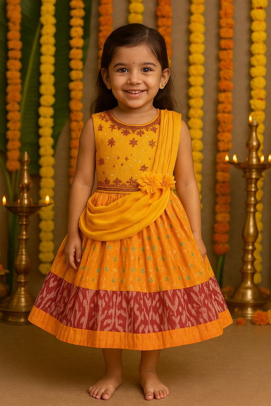 Girls Patola Print Sequin Embroidered Sleeveless Ethnic Dress