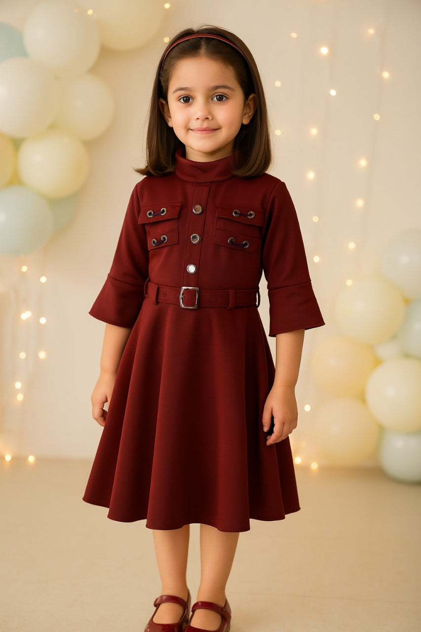 Girls A-Line Maroon Colour Dress