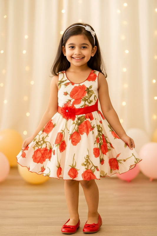 White and Red Floral Printed Bow Detail Dress