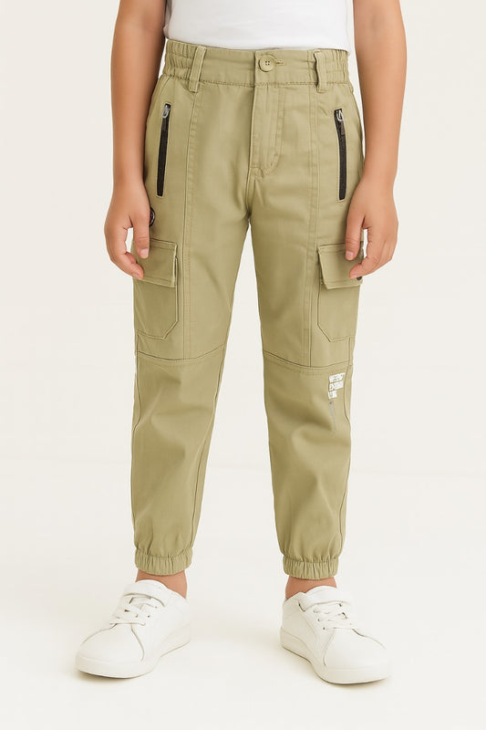 Boys Zipper Detail Elastic Waist Cotton Cargo Trouser