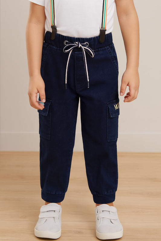 Boys Blue Denim Elastic Cargo Trouser With Suspenders