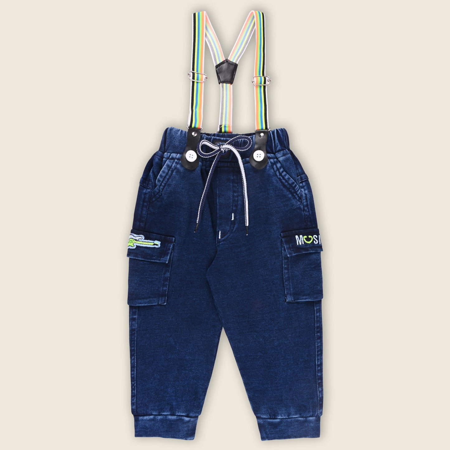Boys Blue Denim Elastic Cargo Trouser With Suspenders