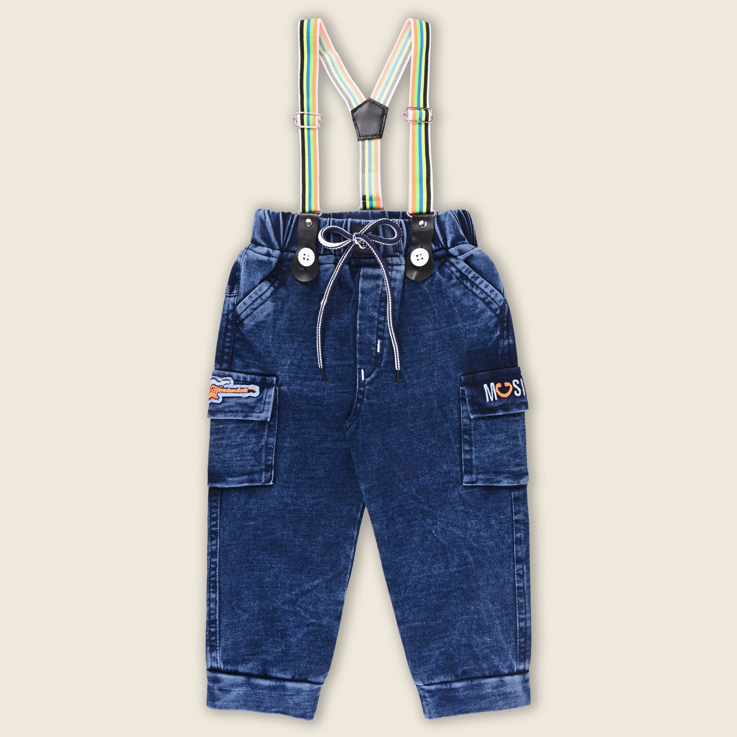 Boys Blue Denim Elastic Cargo Trouser With Suspenders