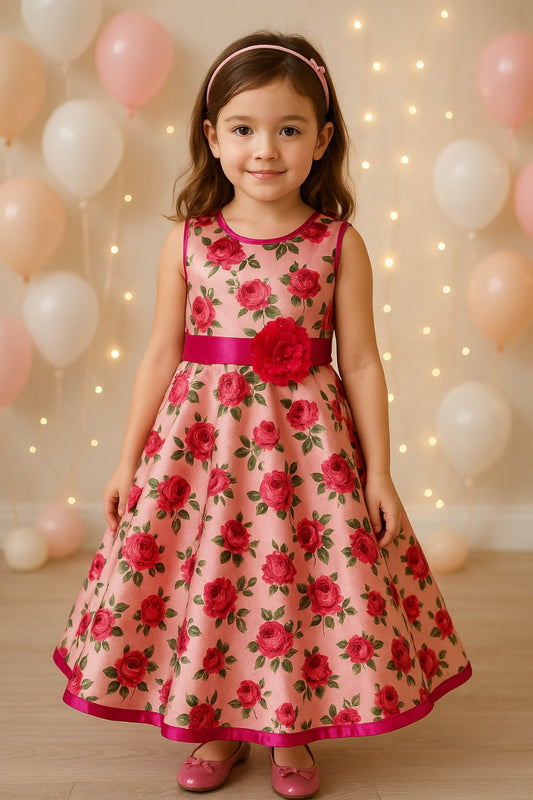 Girls Long Dress Birthday Frocks for Girls - Net - (LF181pnk)
