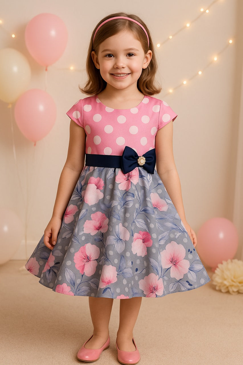 Girls Polka Dots Printed Bow Fit and Flare Dress