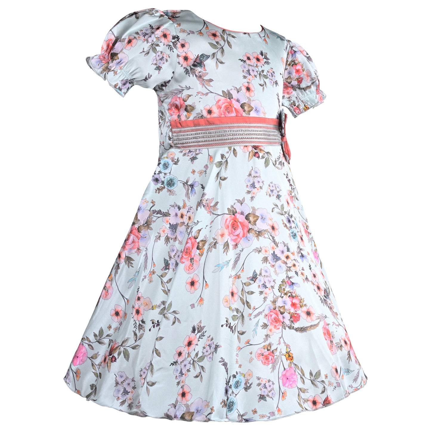 Girls Floral Casual Dress with Puff Sleeves